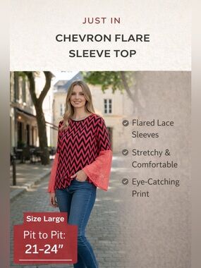 Pink & Black Chevron Flare Sleeve Top Size Large Statement Bell Sleeve Blouse